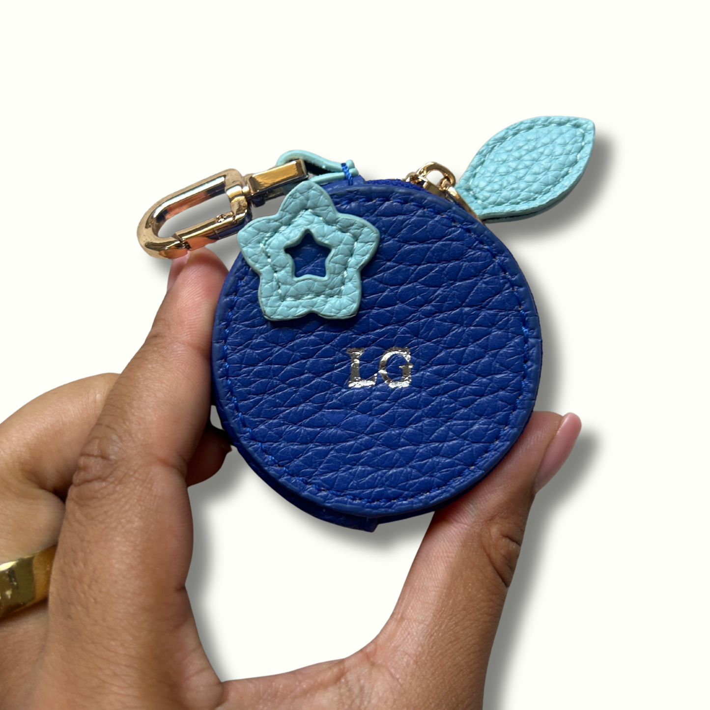 Personalised Leather Blueberry Bag Charm with Zip
