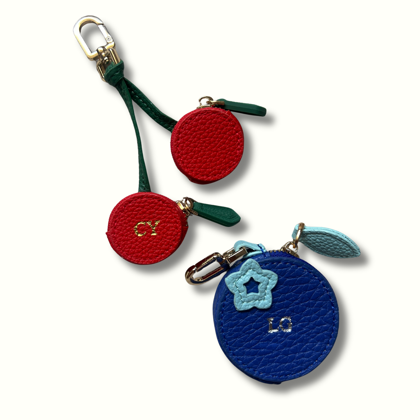 Personalised Leather Blueberry Bag Charm with Zip