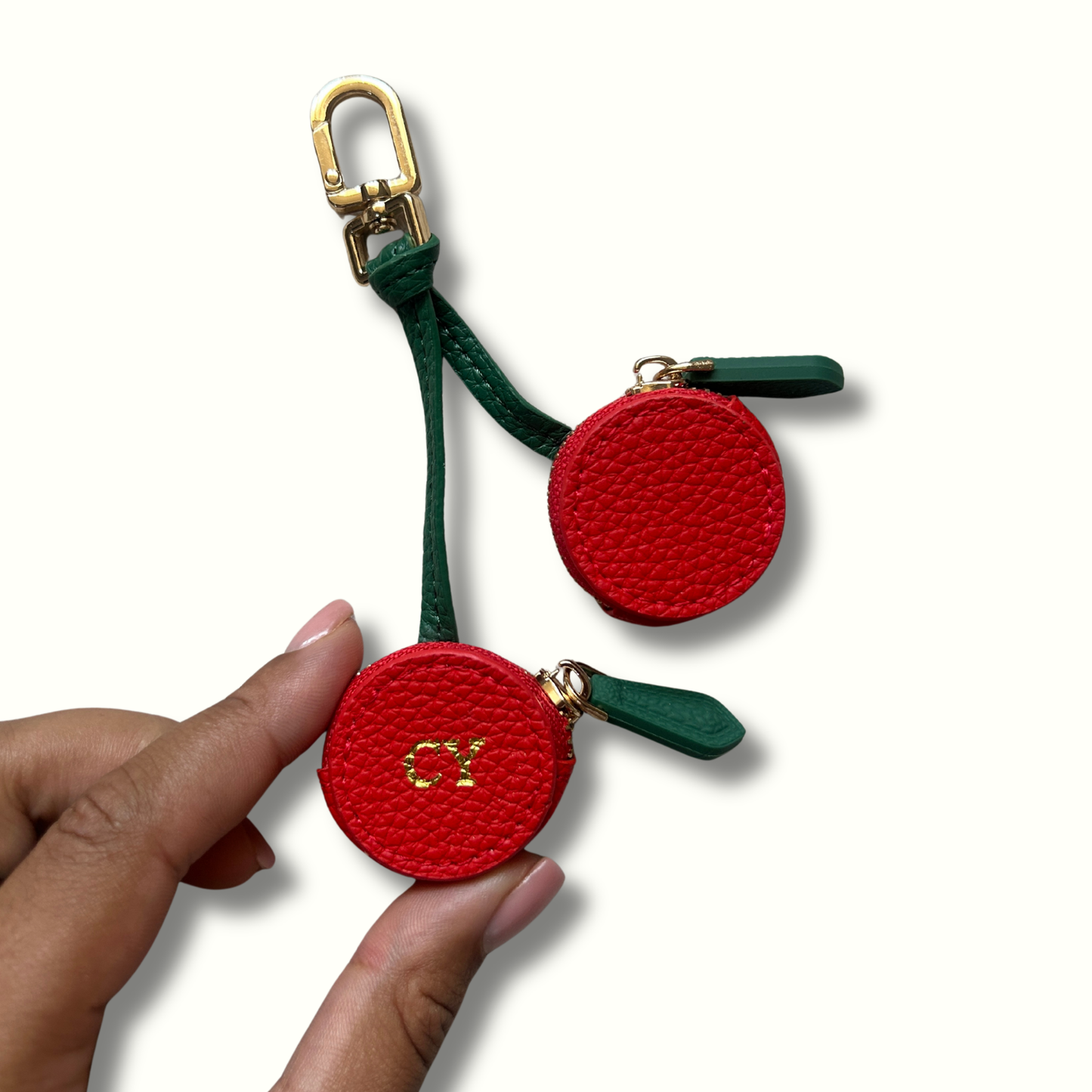 Personalised Leather Cherries Bag Charm with Zip