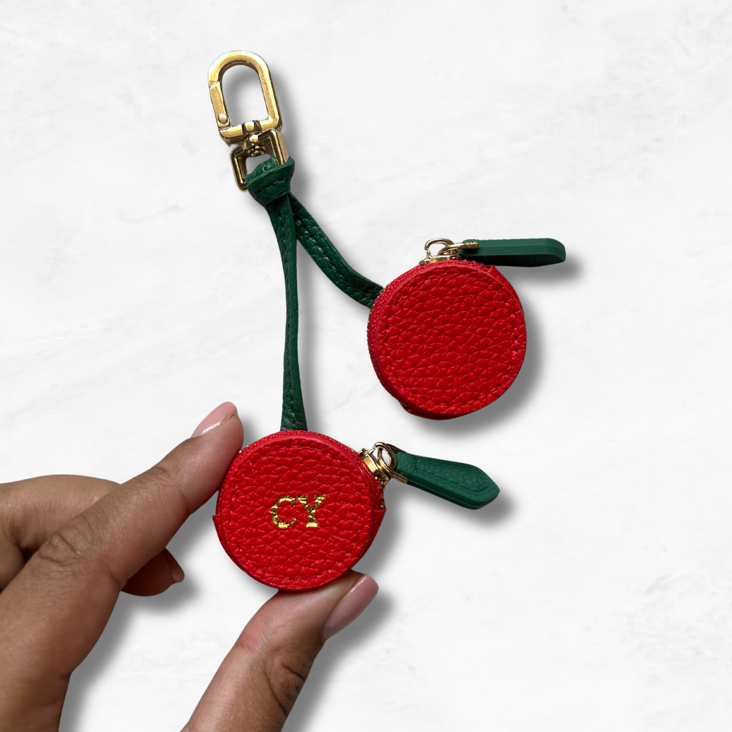 Personalised Leather Cherries Bag Charm with Zip