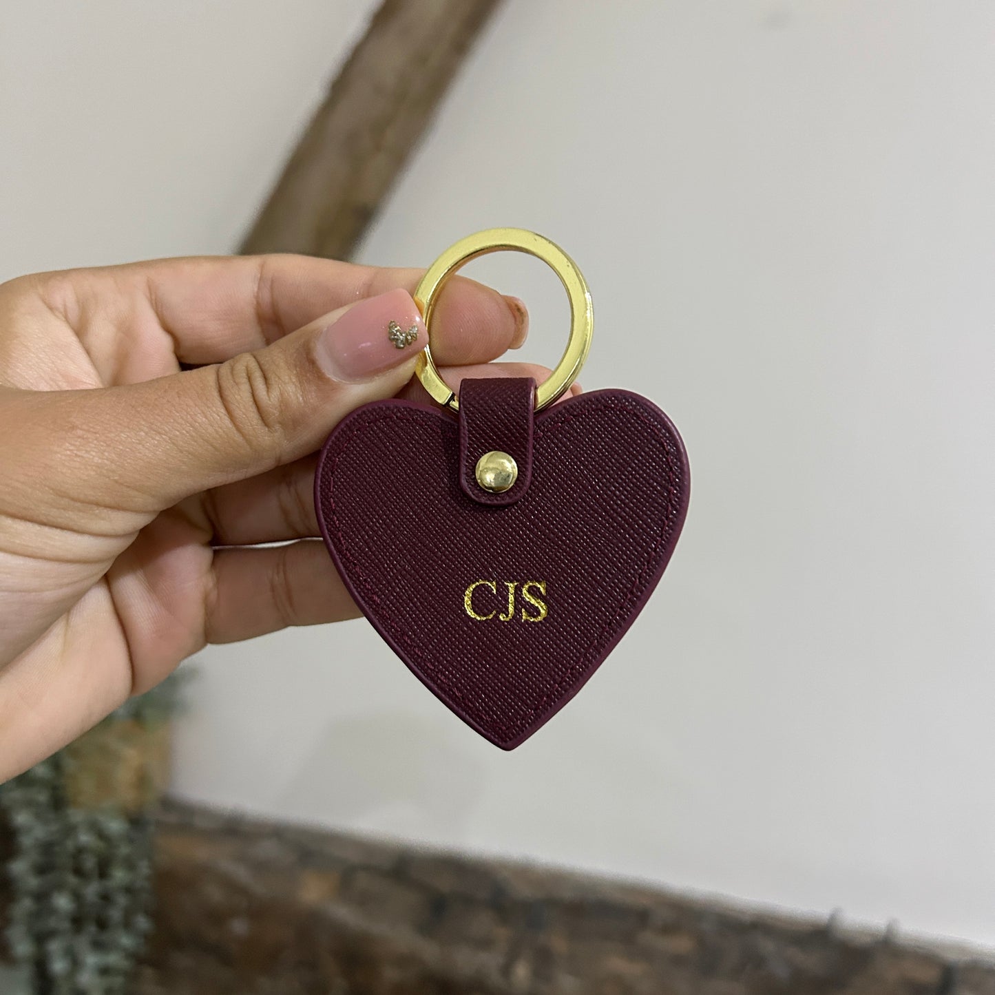 Leather Heart Keychain - Burgundy/ Gold - CJS