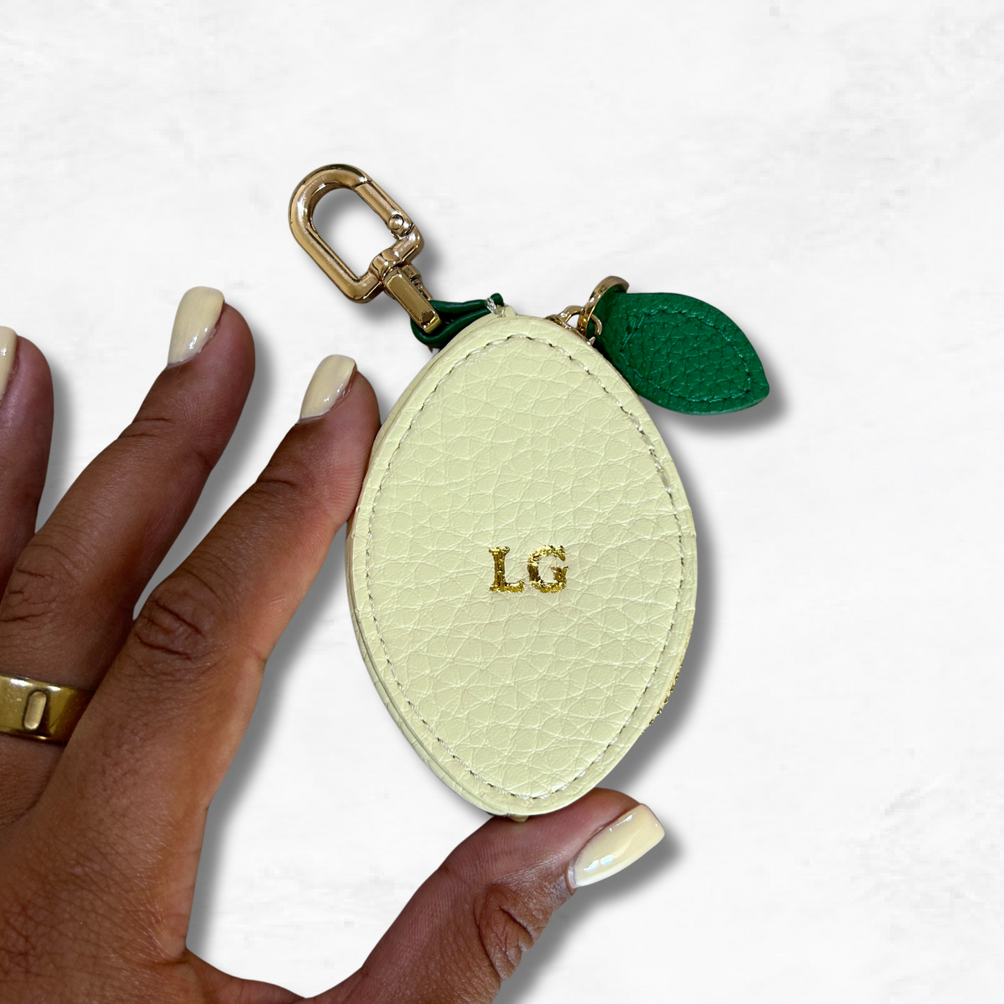 Personalised Leather Lemon Bag Charm with Zip