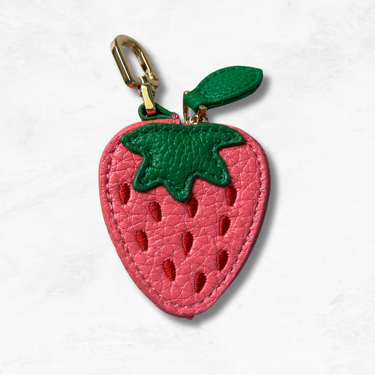 Personalised Leather Strawberry Bag Charm with Zip