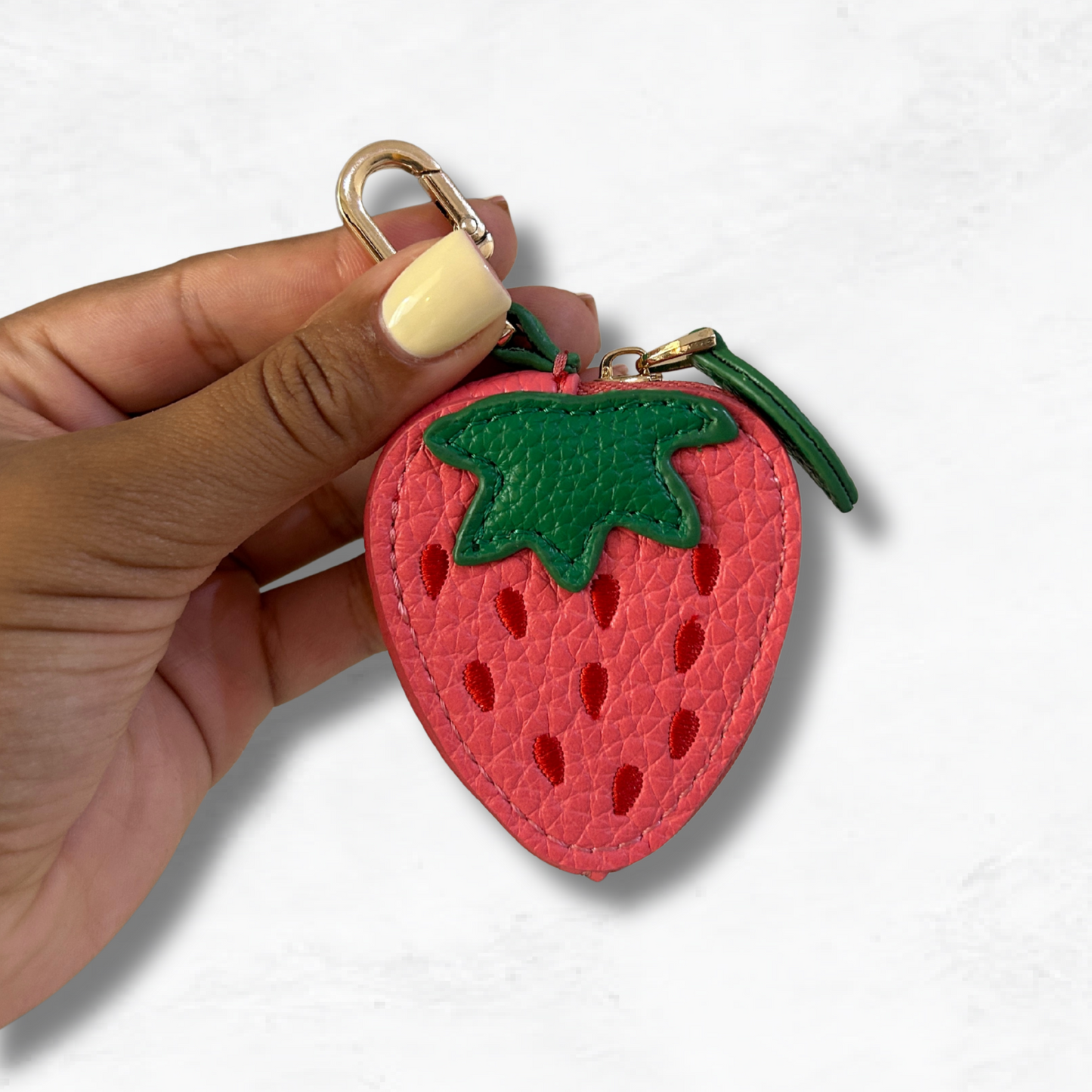 Personalised Leather Strawberry Bag Charm with Zip