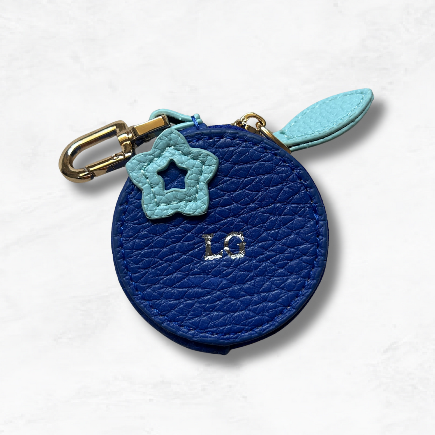 Personalised Leather Blueberry Bag Charm with Zip