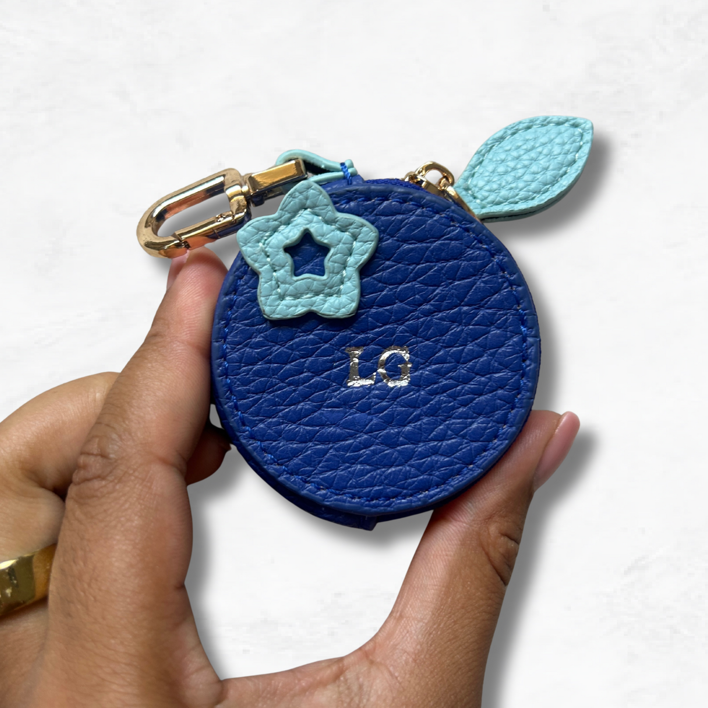 Personalised Leather Blueberry Bag Charm with Zip