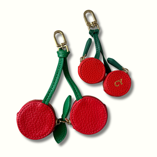 Personalised Leather Cherries Bag Charm with Zip