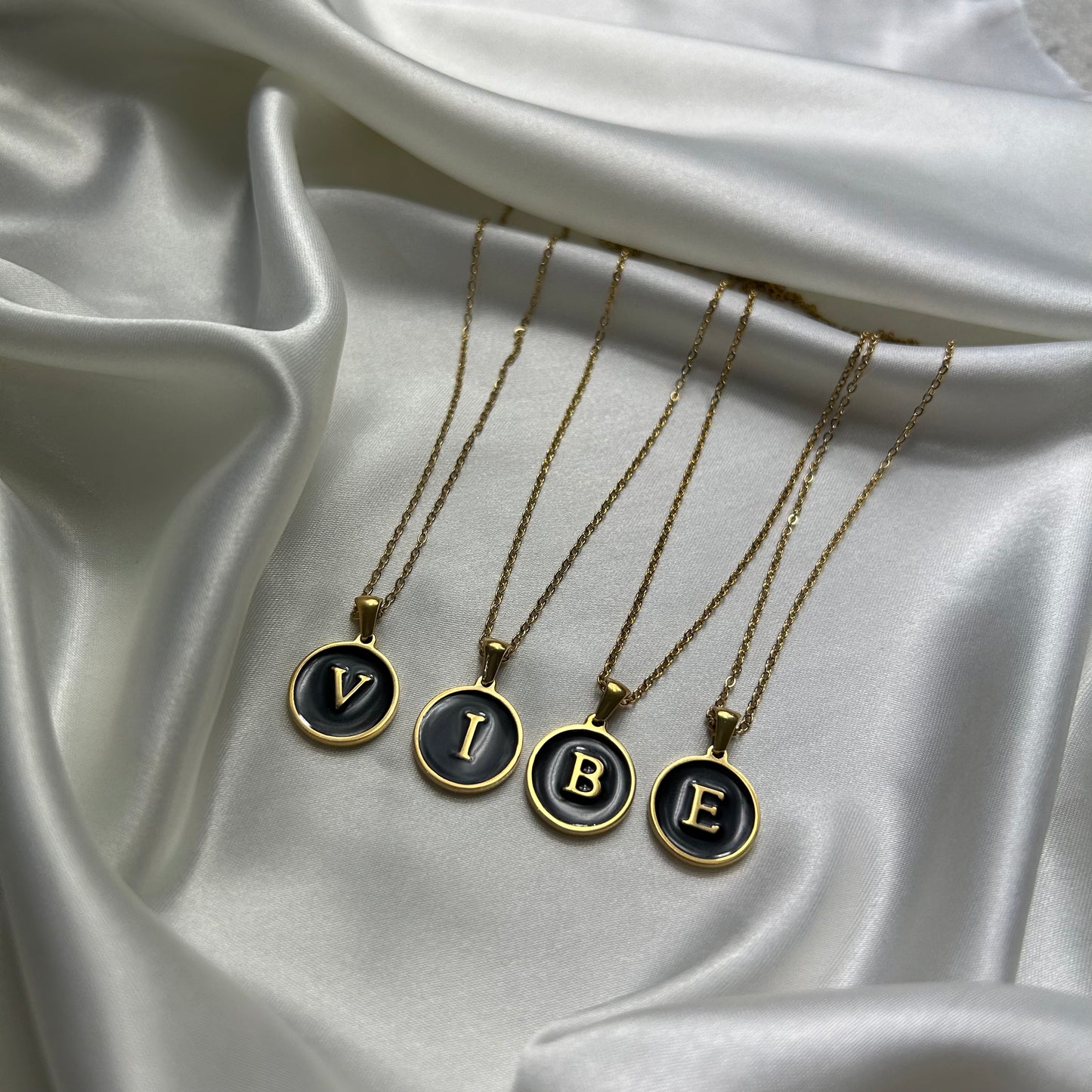 Black Enamel Initial Letter 18K Gold Plated Necklace