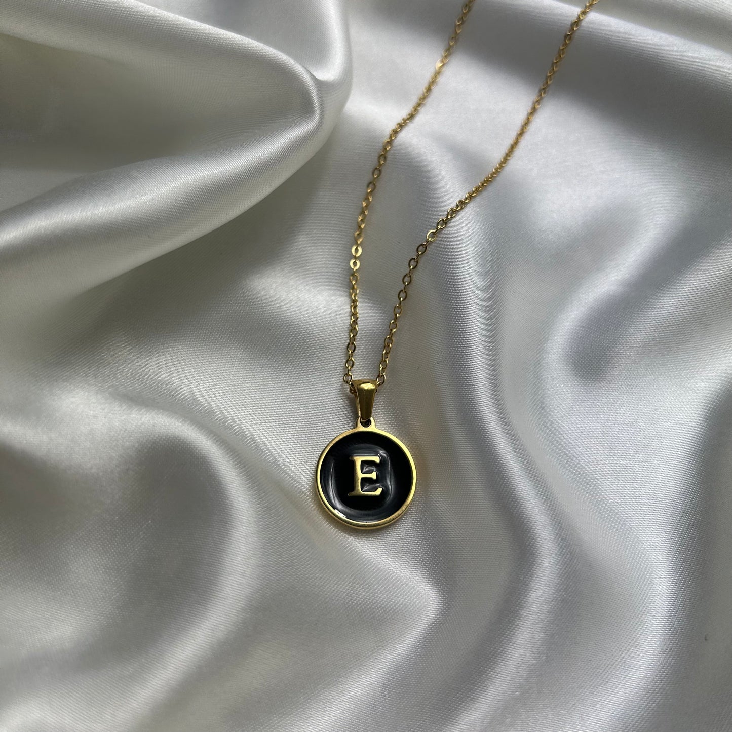 Black Enamel Initial Letter 18K Gold Plated Necklace