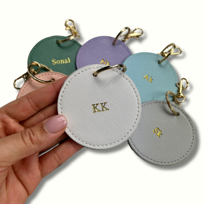 Personalised Vegan Leather Round Luggage Tag Keychain
