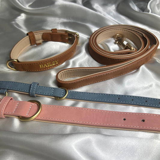 Faux suede leather dog collar and matching lead set in brown, blue and pink with gold hardware and buckles, personalised with dogs name in gold stamping
