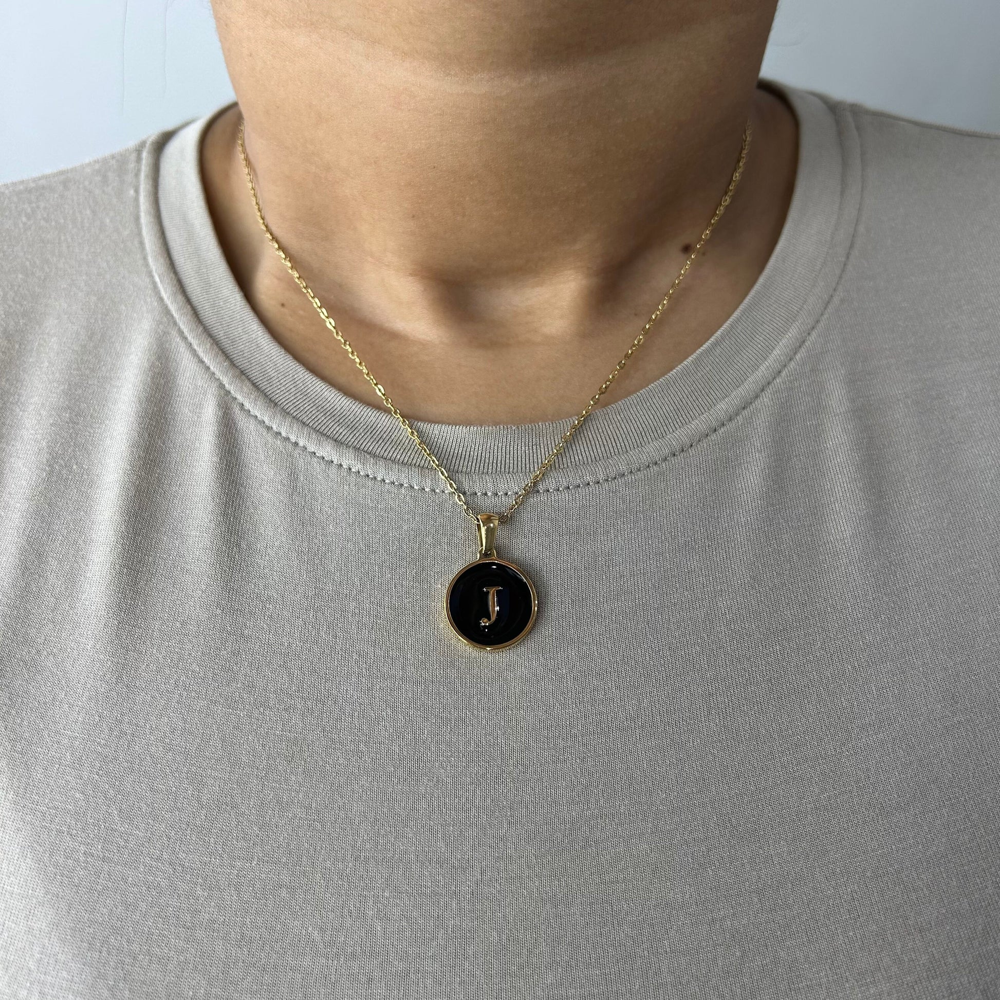 Black Enamel Initial Letter 18K Gold Plated Necklace