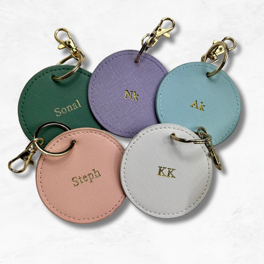 Personalised Vegan Leather Round Luggage Tag Keychain