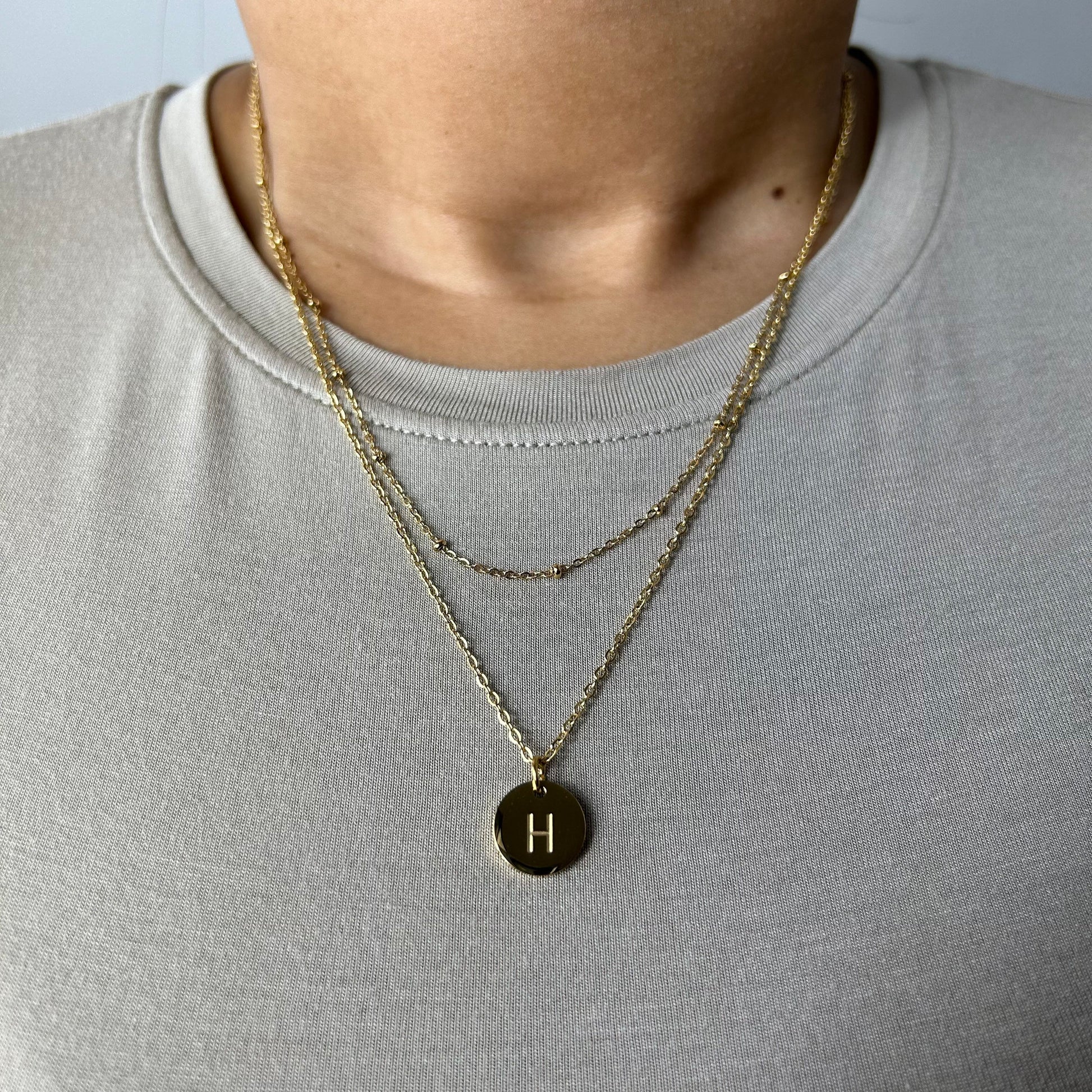 Stacked Layered Round Initial Letter 18K Gold Plated Necklace