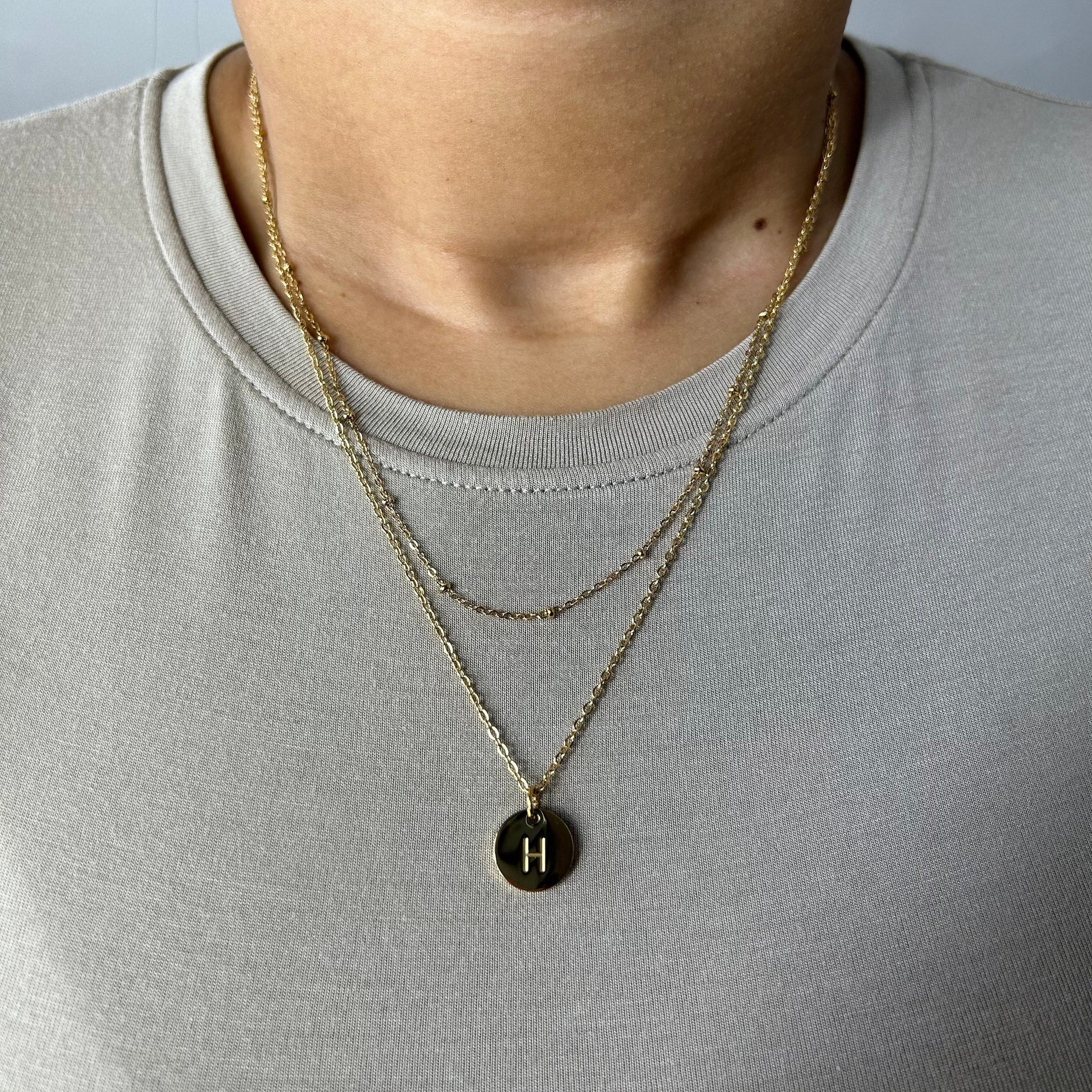 Stacked Layered Round Initial Letter 18K Gold Plated Necklace