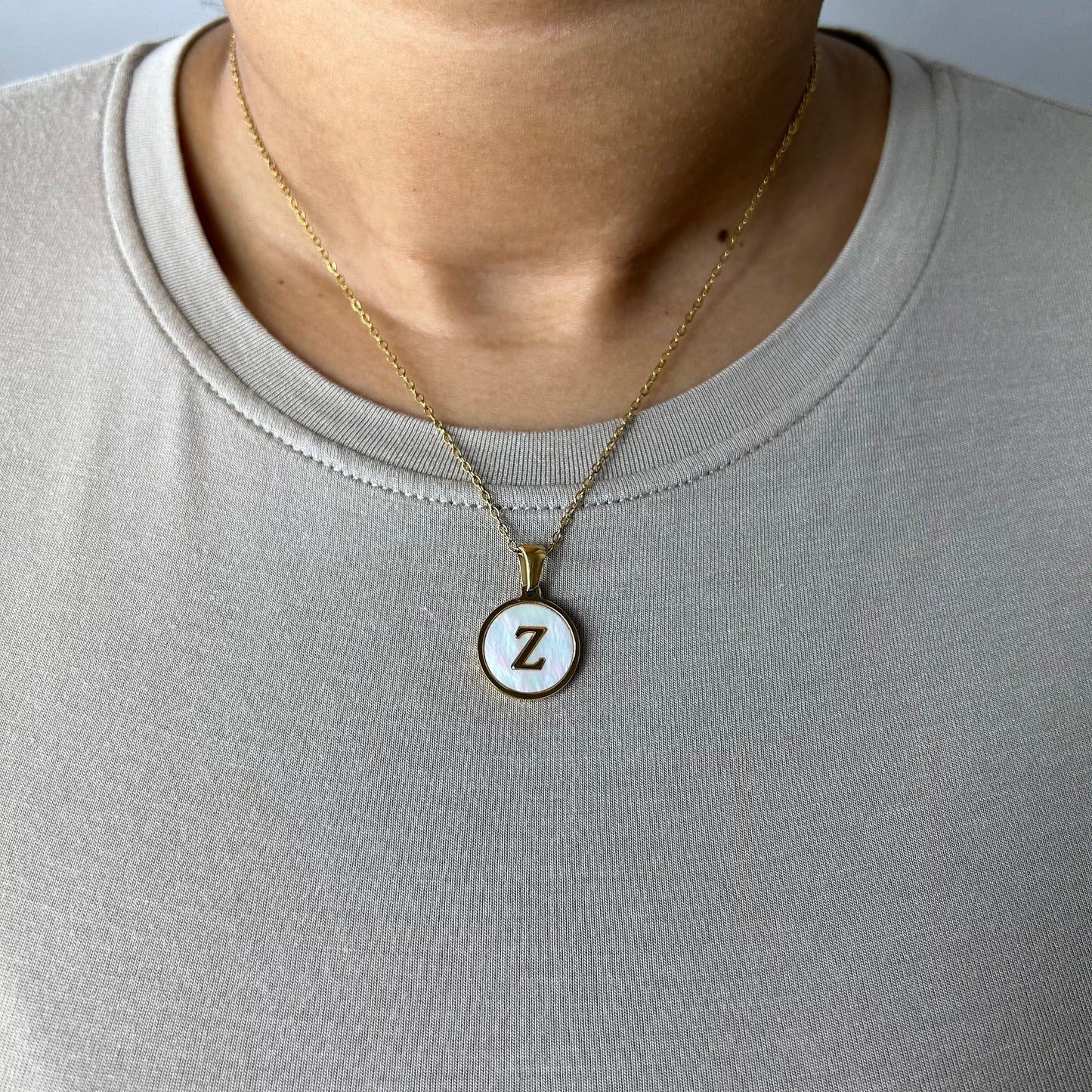Pearl Enamel Initial Letter Circle Pendant 18K Gold Plated Necklace