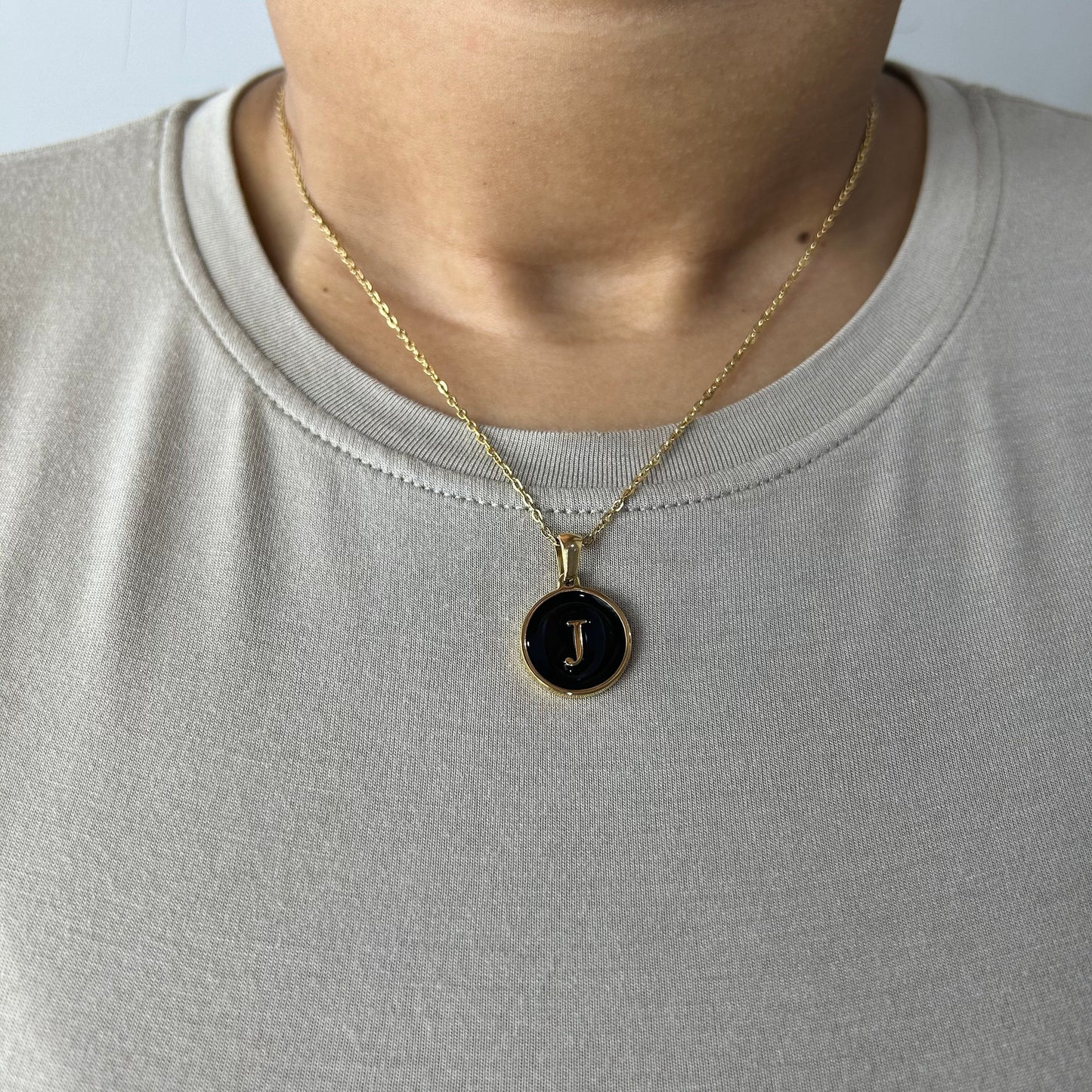 Black Enamel Initial Letter 18K Gold Plated Necklace
